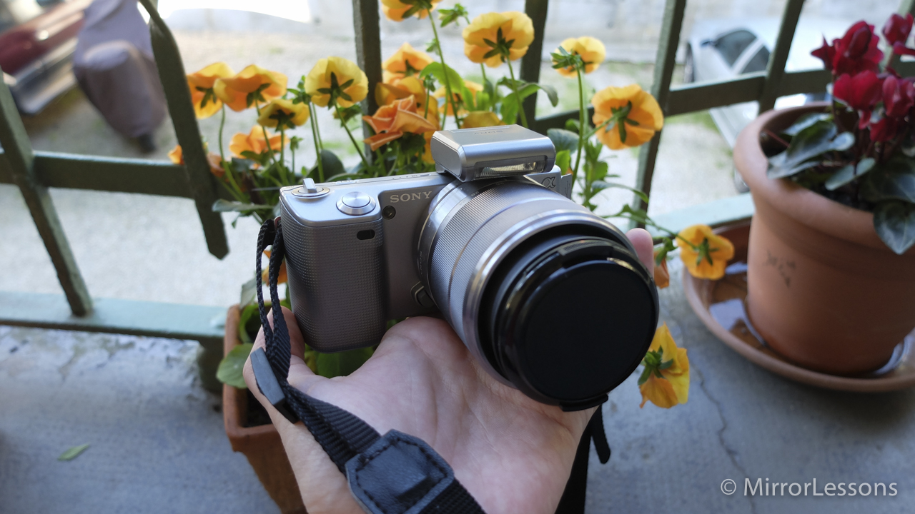 The NEX-5K in amongst the flower pots.