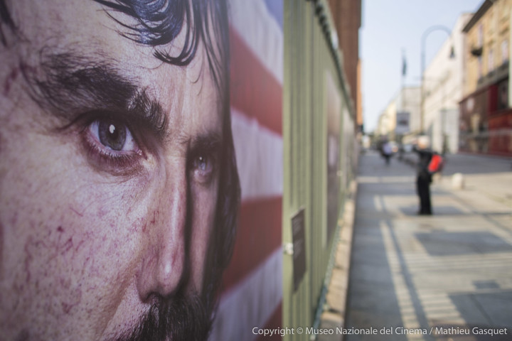 E-M5, 1/2500, f/ 2, ISO 200M.Zuiko 12mm f/2A close-up of the intense portrait of Daniel Day_lewis in Gangs of New York outside the Cinema Museum for the Martin Scorsese exhibition.