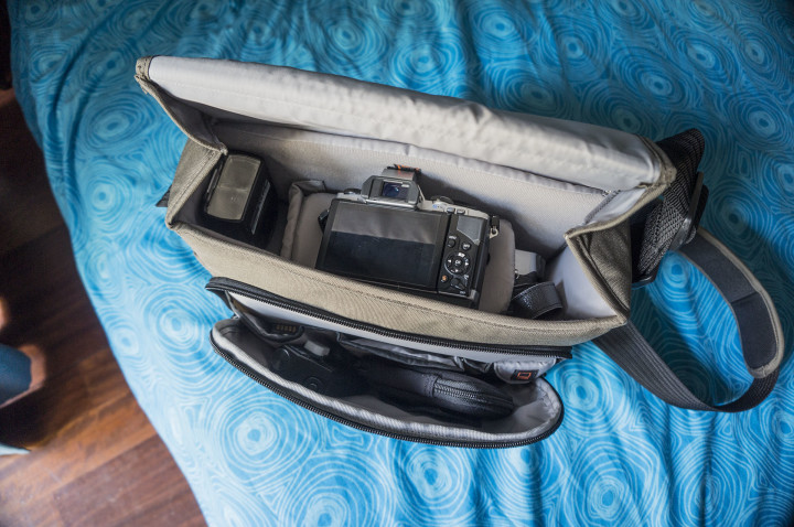 My daily bag: I easily carry my OM-D with 35-100mm f/2.8, the 12mm and 45mm primes, the FL-600r flash and my Fuji X100s, plus extra batteries, memory cards etc.