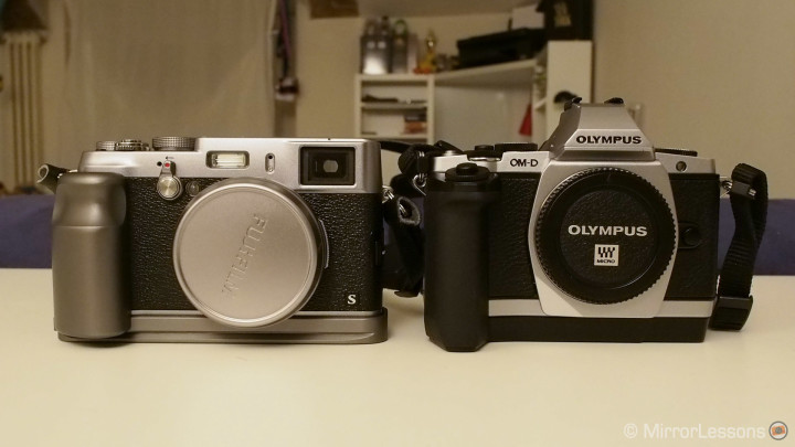 X100s plus grip/tripod plate vs. the OM-D E-M5 with HLD-6 battery grip 